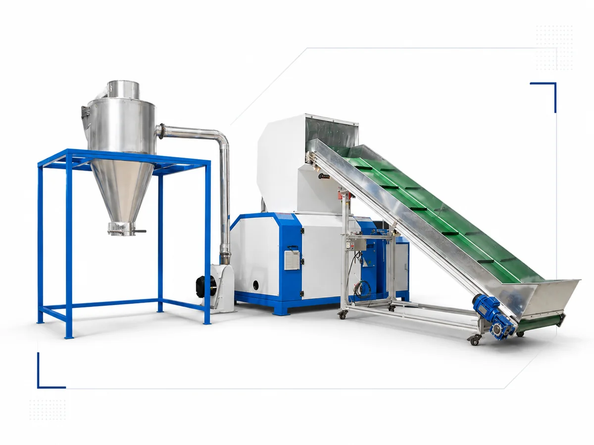 JW Crusher centralized plastic crusher system with hopper, crusher and conveyor