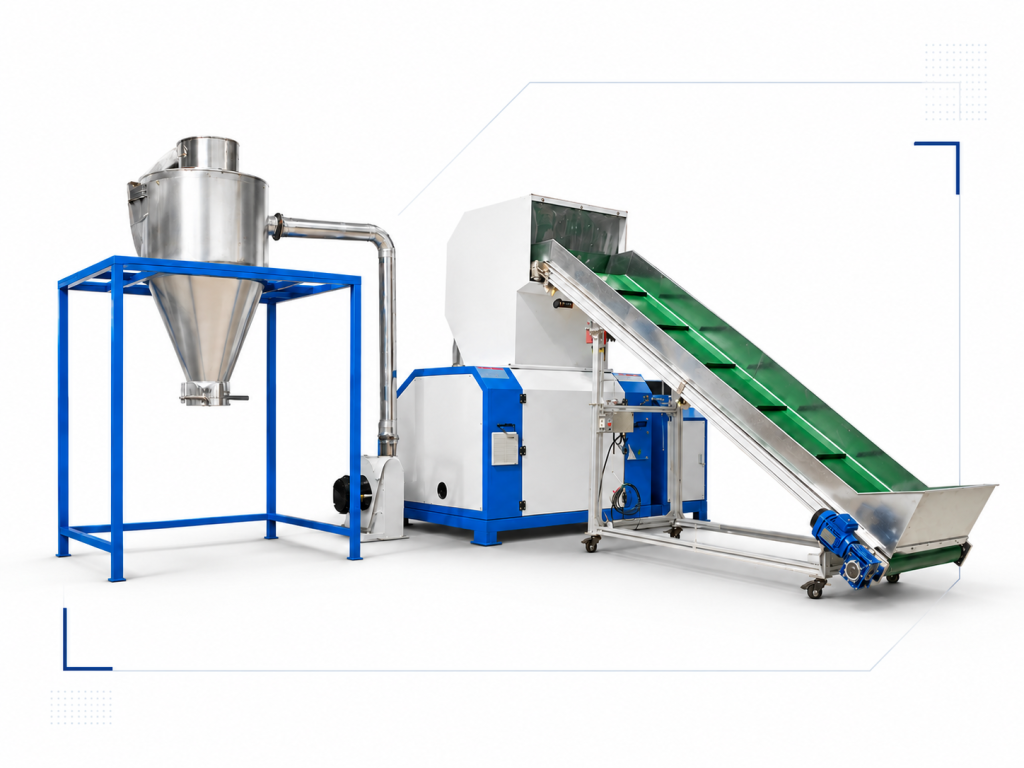 Soundproof central plastic granulator with conveyor feeding and cyclone recovery equipment