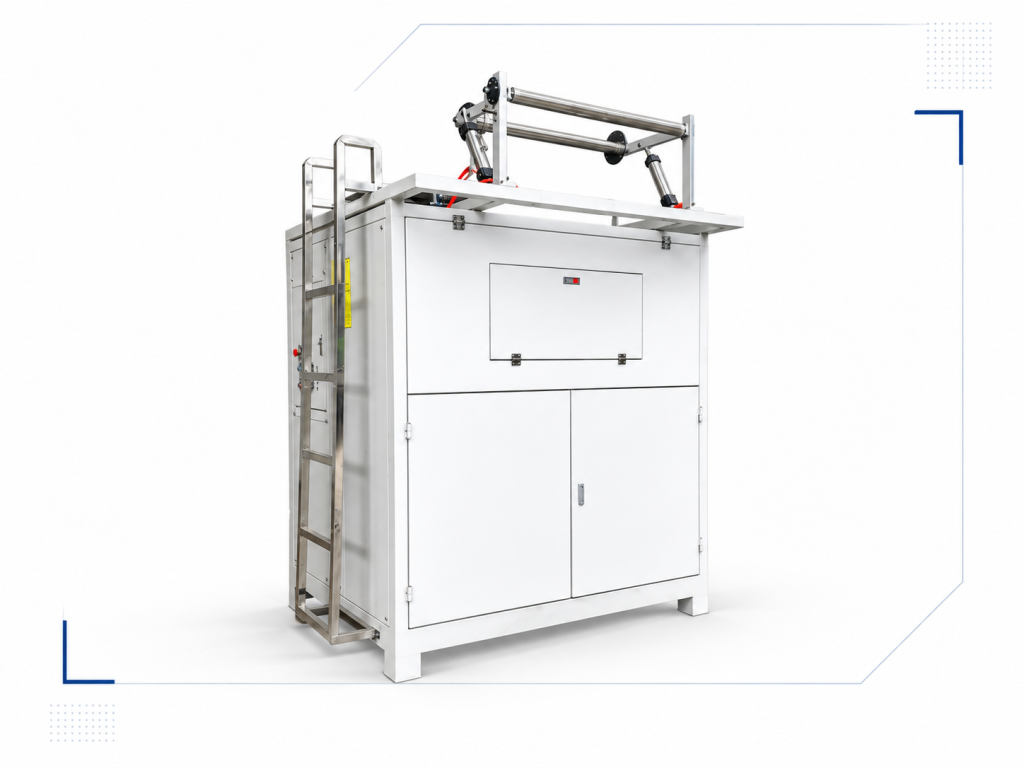 Thermoforming scrap granulator with upper traction rollers and side access ladder